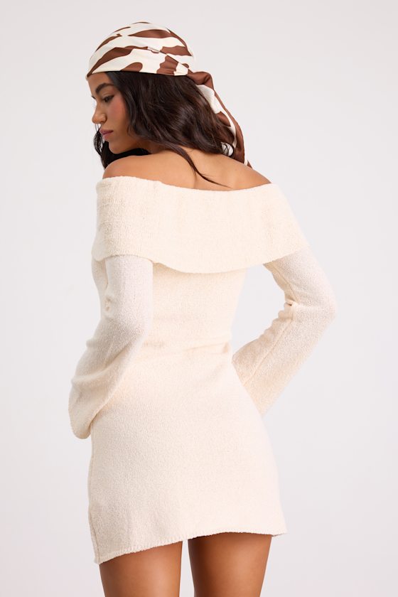 Pemryn Cream Off-the-Shoulder Mini Sweater Dress