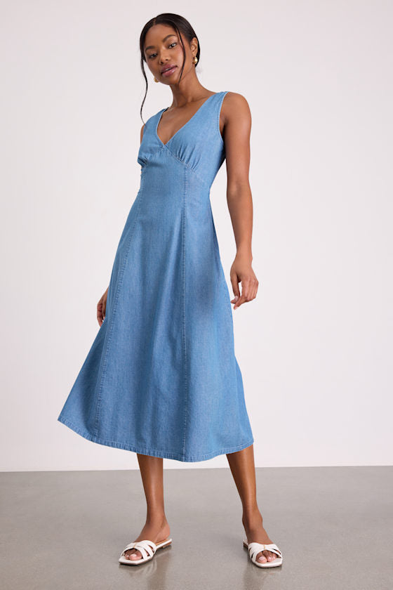 Miranda Medium Wash Denim Sleeveless Midi Dress