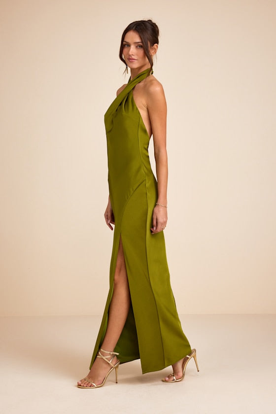 Daney Black Satin Cross-Front Halter Maxi Dress