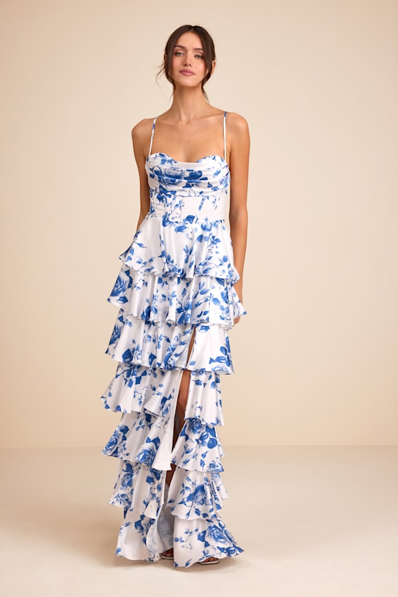 Arletta Light Blue Satin Bustier Tiered Maxi Dress