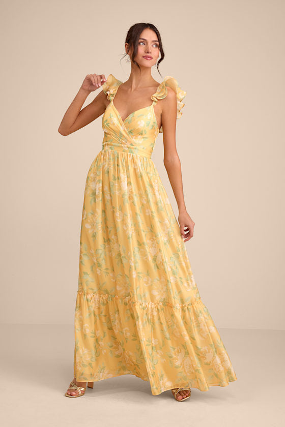 Soiree Perfection Green Floral Ruffled Tiered Maxi Dress
