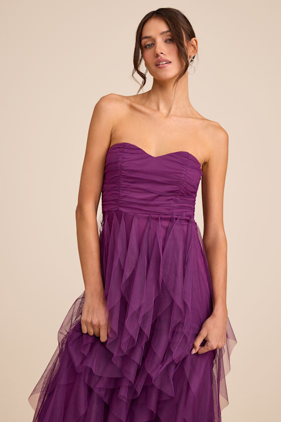 Delightful Beauty Yellow Strapless Ruched Ruffled Maxi Dress