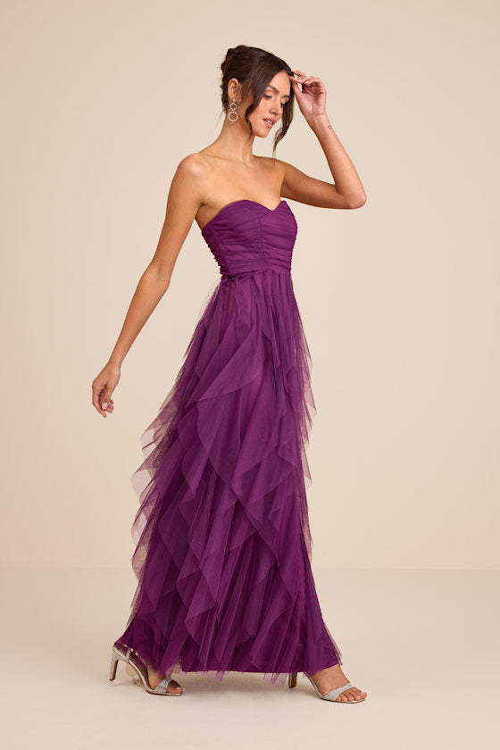 Delightful Beauty Yellow Strapless Ruched Ruffled Maxi Dress