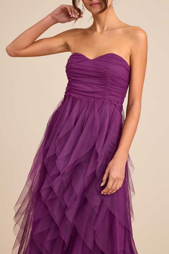 Delightful Beauty Yellow Strapless Ruched Ruffled Maxi Dress