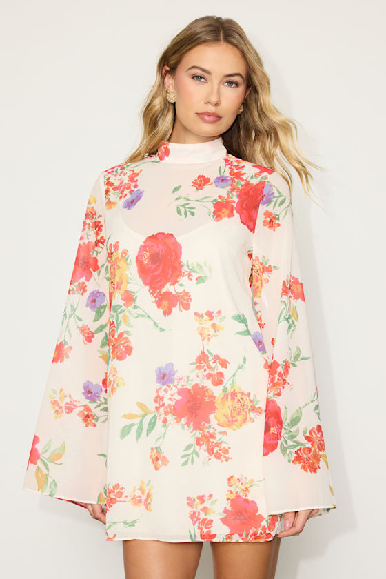 Perfected Charm Black Multi Floral Bell Sleeve Mini Shift Dress