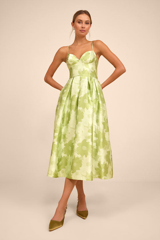 Vivinna Pink and Orange Floral Jacquard Pleated Midi Dress