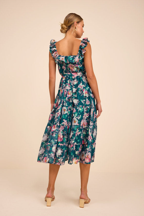 Shela Ivory Floral Jacquard Tiered Midi Dress