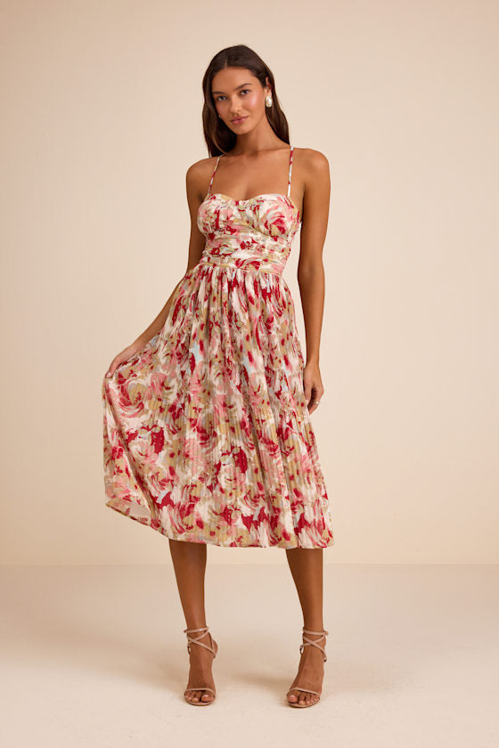 Aleyna Blue Multi Abstract Pleated Lace-Up Bustier Midi Dress