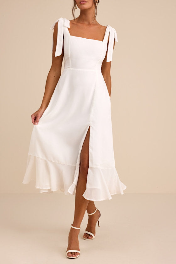 Summer Invite Black Tie-Strap Tiered Midi Dress