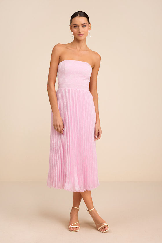 Perfectly Stunning Navy Jacquard Strapless Midi Dress
