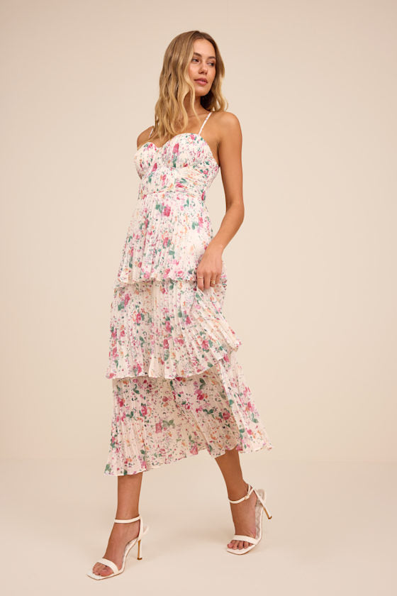Cascading Crush Blush Pink Tiered Bustier Midi Dress