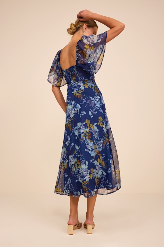 Valla Light Blue Floral Flutter Sleeve Midi Dress