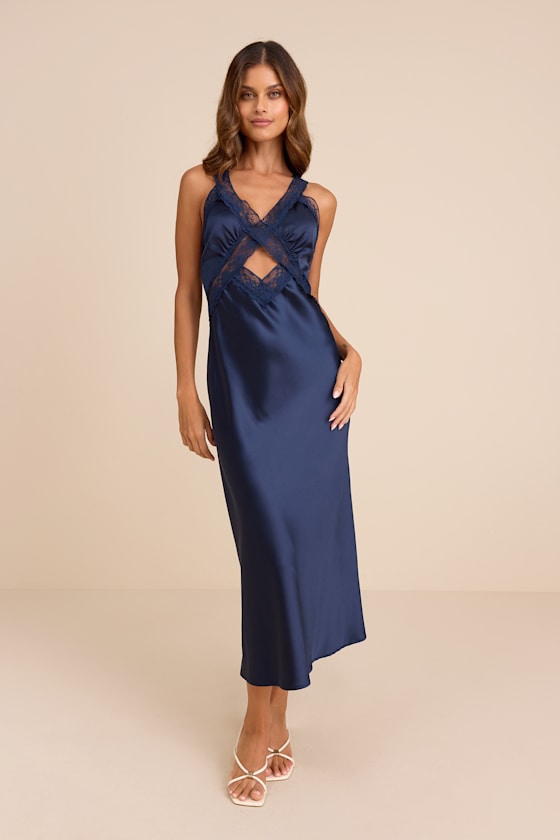 Camara Pale Yellow Satin Lace Slip Midi Dress