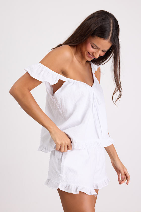 Janelly Ivory Swiss Dot Ruffled Two-Piece Pajama Set
