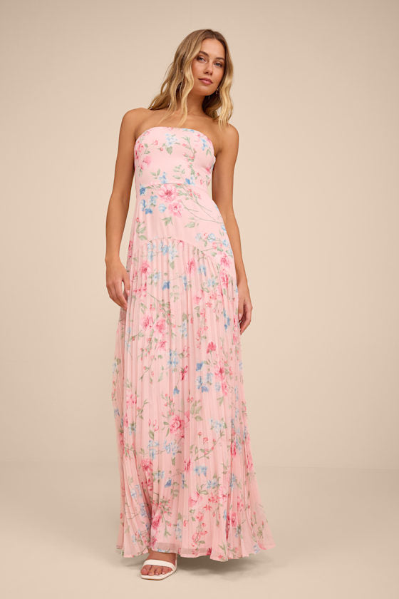 Celebratory Aesthetic Blush Pink Pleated Strapless Maxi Dress