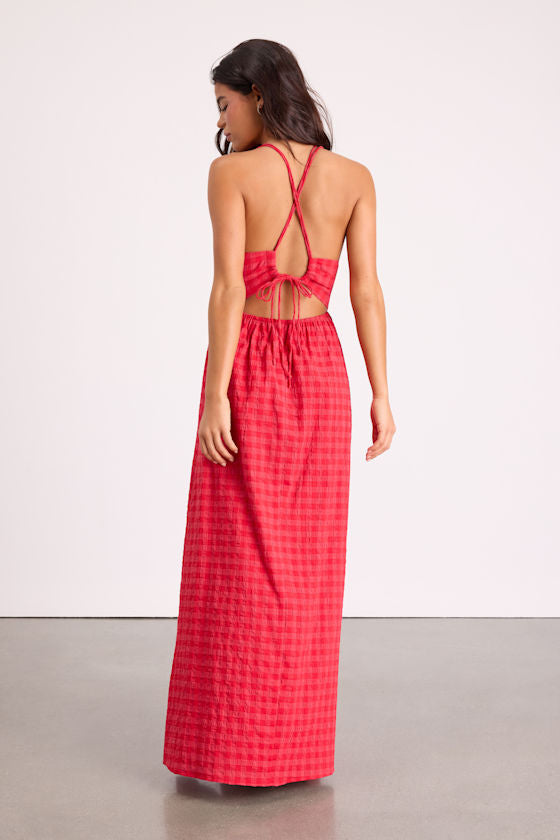 Tamilyn Red Gingham Lace-Up Maxi Dress