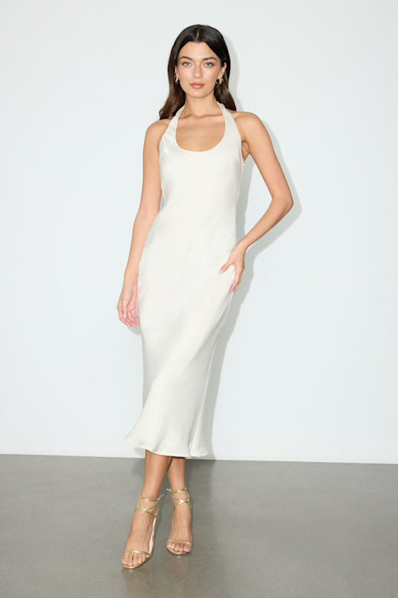 Olandria Navy Blue Halter Midi Slip Dress