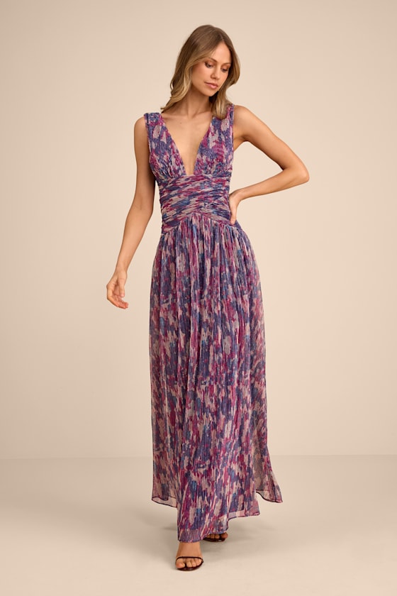 Evaluna Sage Green Abstract Print Lurex Pleated Maxi Dress