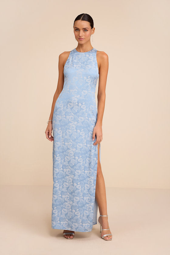 Lamila Chartreuse Floral Satin Column Maxi Dress