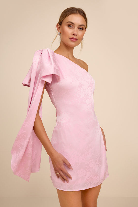 Jayda White Satin Jacquard One-Shoulder Sash Mini Dress