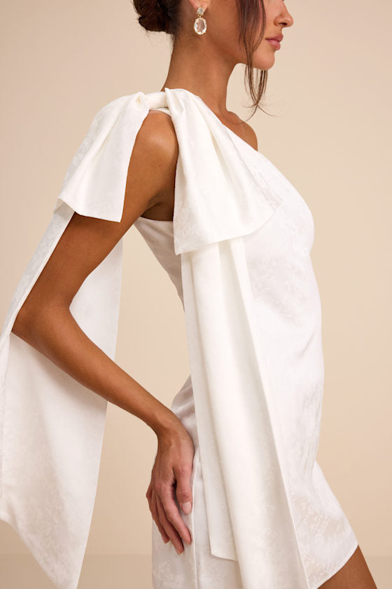 Jayda Light Pink Satin Jacquard One-Shoulder Sash Mini Dress