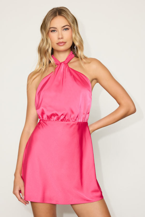 Sleek Essence Peach Satin Halter Sleeveless Mini Dress