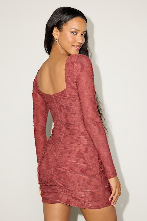 Celeste Dark Mauve Floral Burnout Long Sleeve Mini Dress