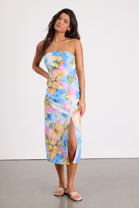 Bold Tendencies Blue Floral Strapless Cutout Midi Dress