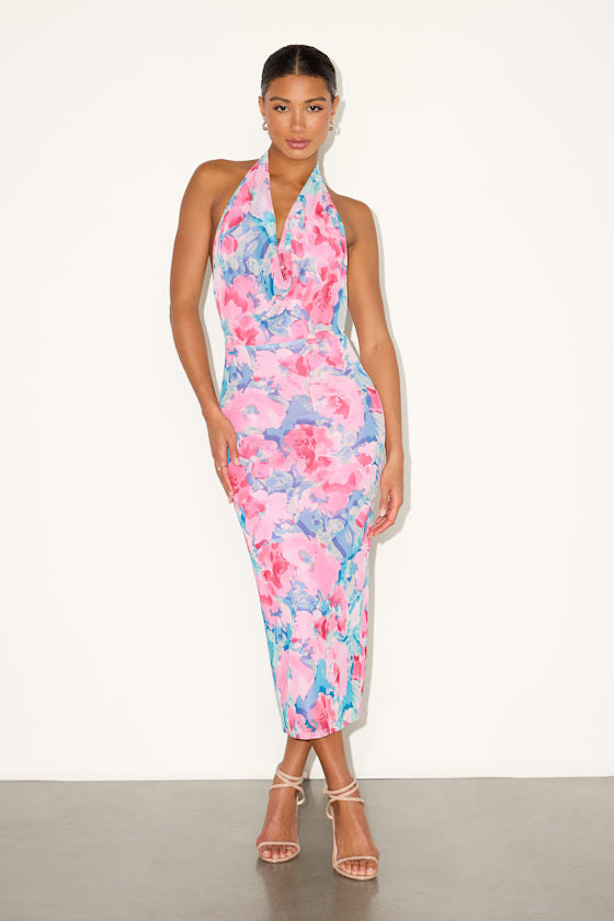 Venus Coral Mesh Backless Midi Dress