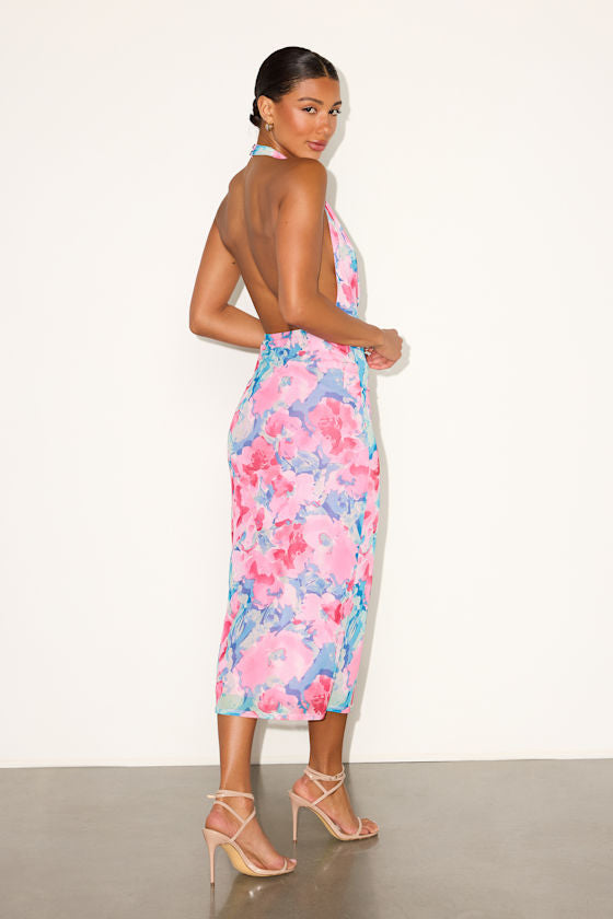 Venus Yellow and Pink Floral Mesh Backless Midi Dress