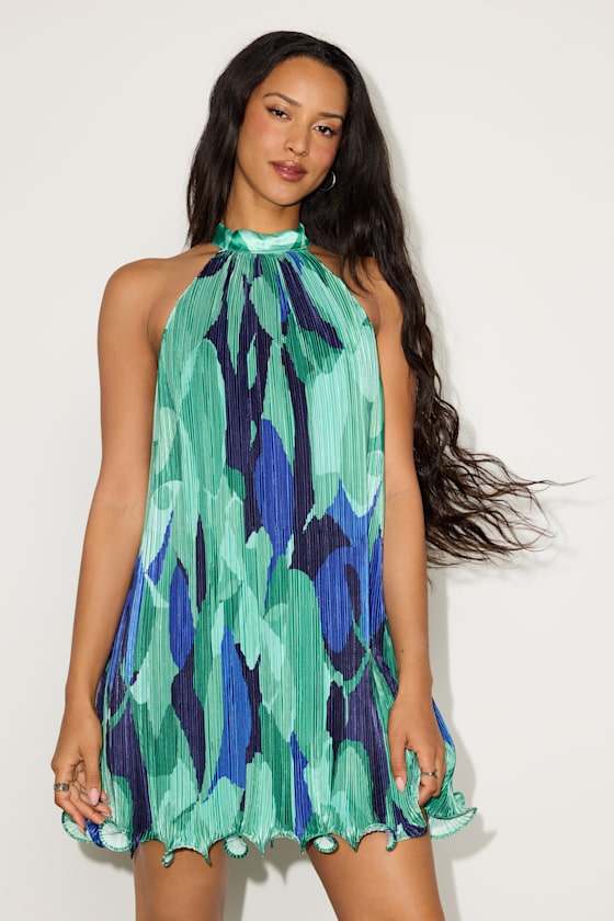 Vaivah Blush Floral Satin Plisse Mock Neck Swing Mini Dress