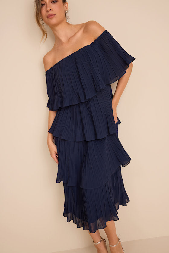 Gala Ready Yellow Off-the-Shoulder Ruffle Midi Dress