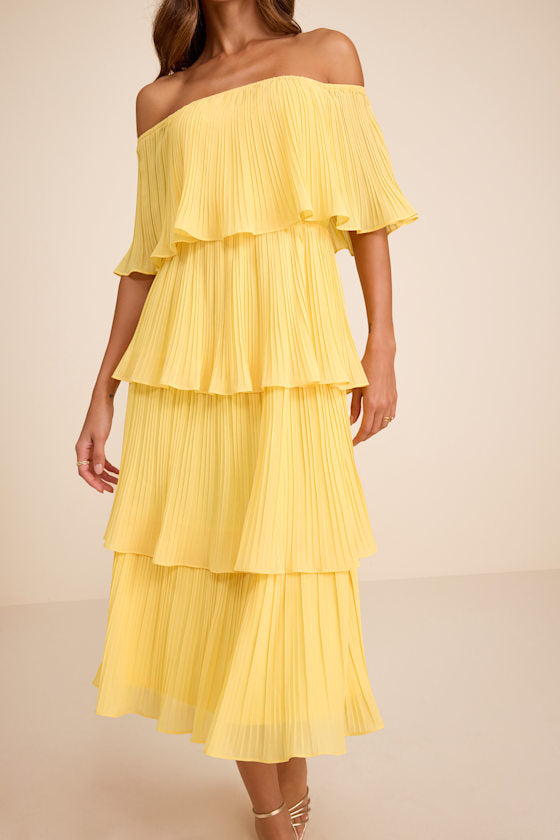 Gala Ready Navy Blue Off-the-Shoulder Ruffle Midi Dress