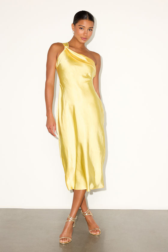Naima White Satin One-Shoulder Midi Dress