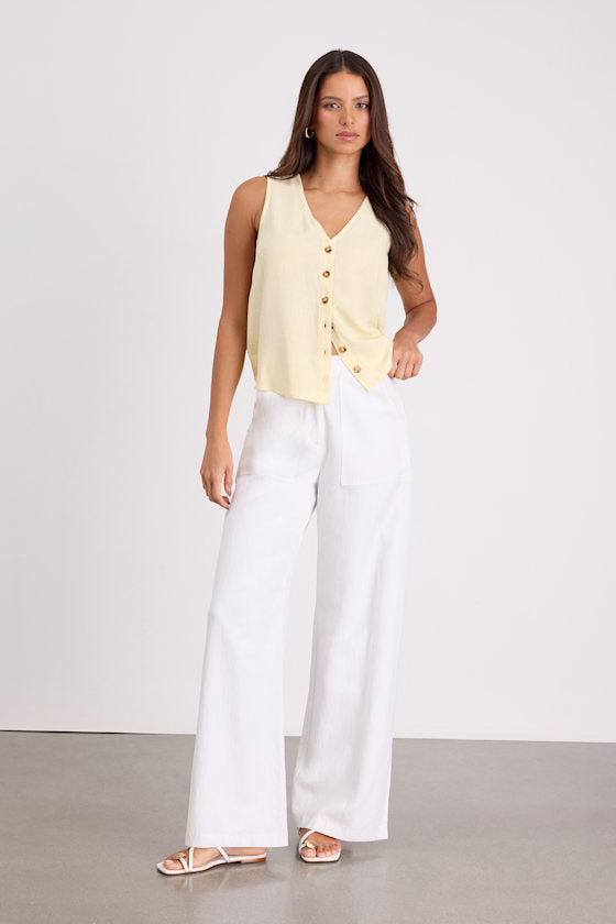Casually Sophisticated Brown Linen Sleeveless Button-Front Top