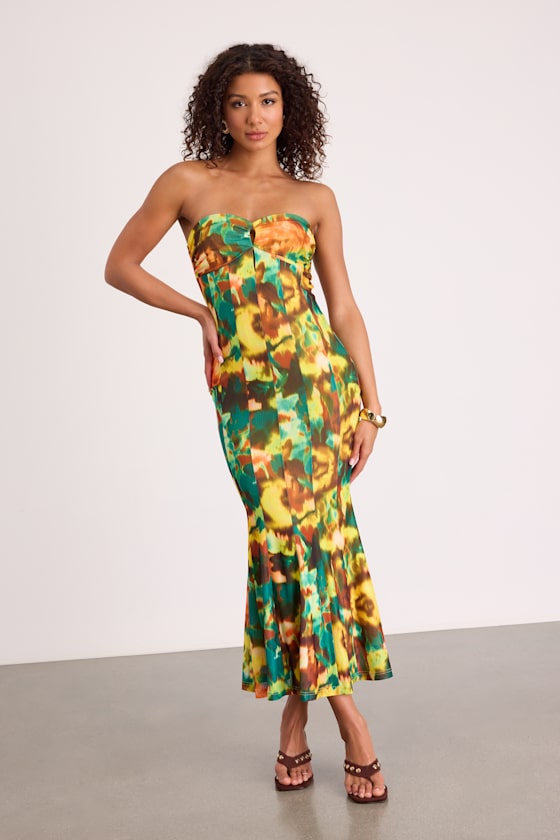 Islay Hot Pink Floral Abstract Mesh Strapless Midi Dress