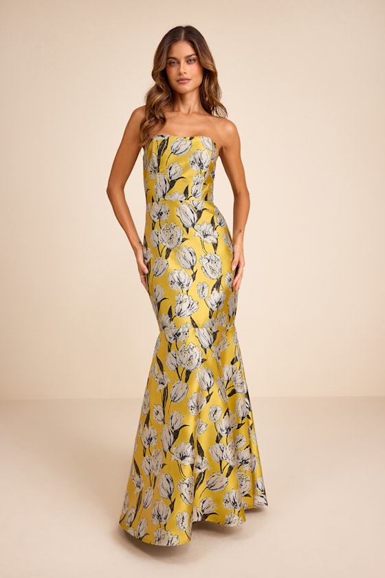 Gowning Around Mauve Floral Jacquard Strapless Maxi Dress