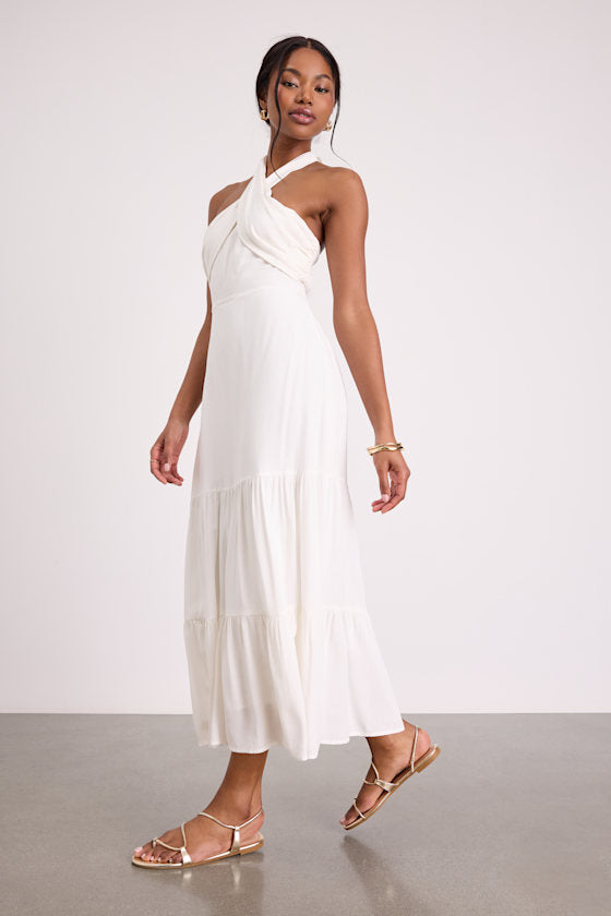 Always Eye-Catching Brown Tiered Halter Midi Dress