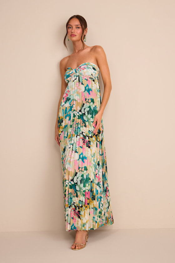 Whimsical Beauty Emerald Green Satin Plisse Strapless Maxi Dress