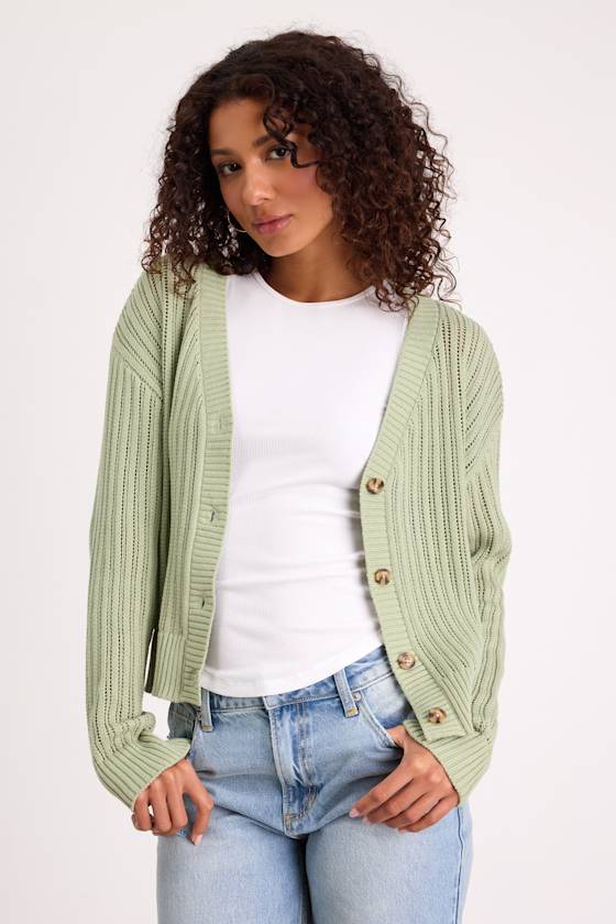 Fresh Feeling Sage Open Knit Button-Up Cardigan Sweater