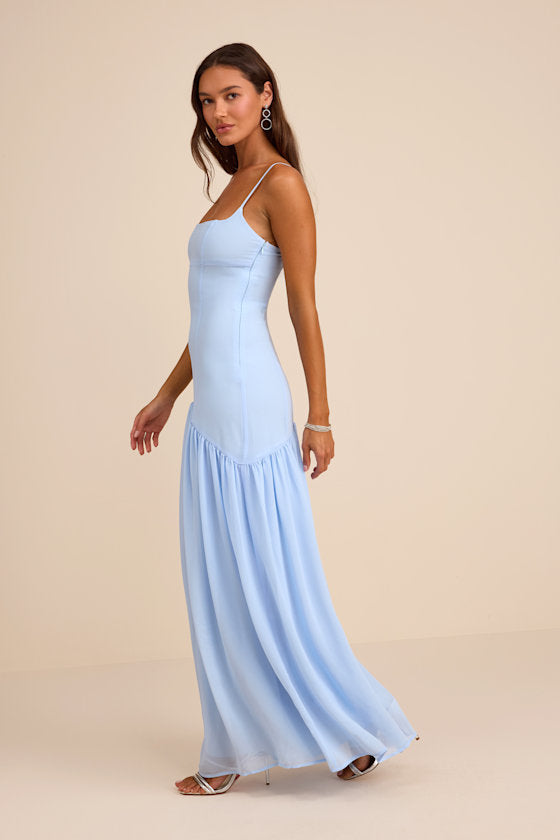 Auria Navy Blue Chiffon Drop Waist Maxi Dress