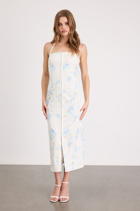 Arrosa Light Yellow Floral Halter Midi Dress