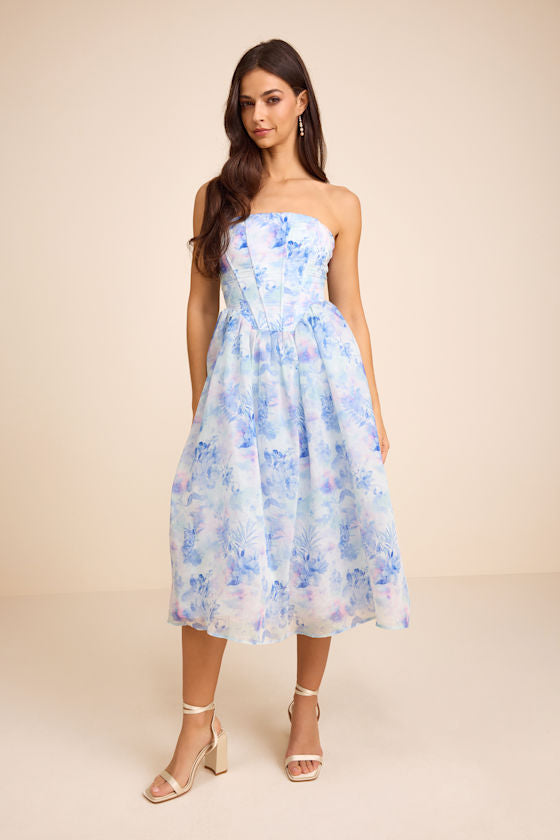 Eulalia Light Blue Floral Lace-Up Strapless Bustier Midi Dress