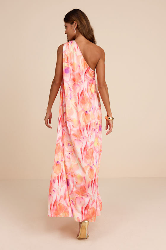 Goddess Aura Light Green Floral Satin One-Shoulder Maxi Dress