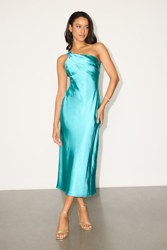 Naima White Satin One-Shoulder Midi Dress