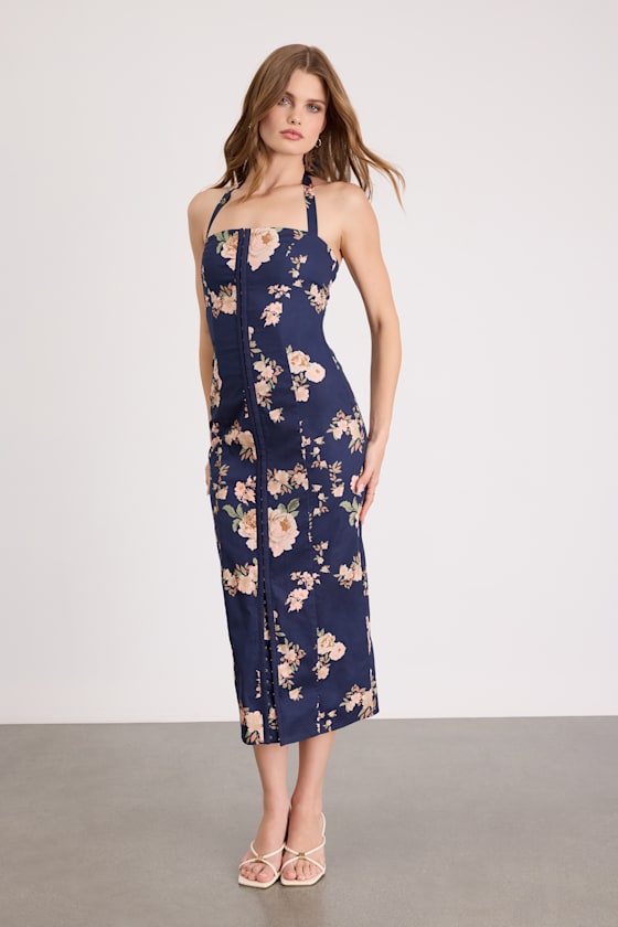 Arrosa White Floral Halter Midi Dress