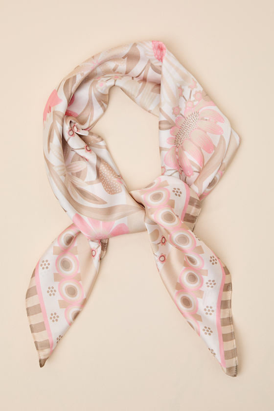 Margie Beige and Pink Floral Satin Scarf