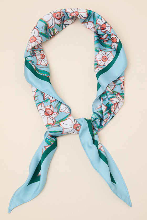 Enid Light Blue Floral Satin Scarf