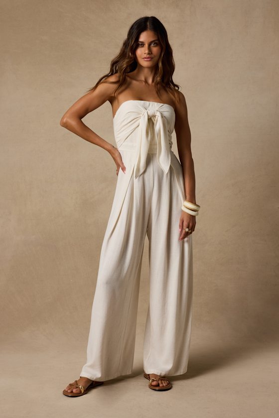Wylda Light Beige Linen Tie-Front Jumpsuit