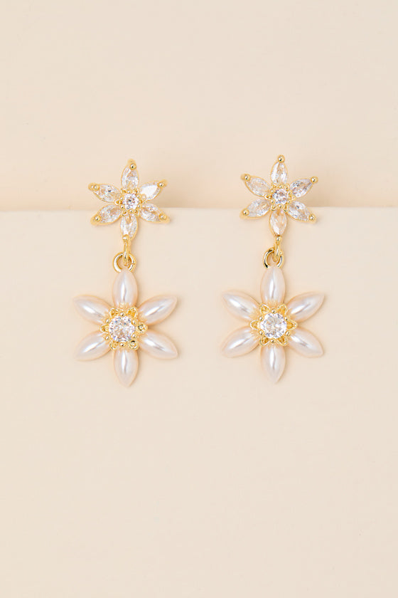 Ira 14KT Gold Rhinestone Pearl Flower Drop Earrings